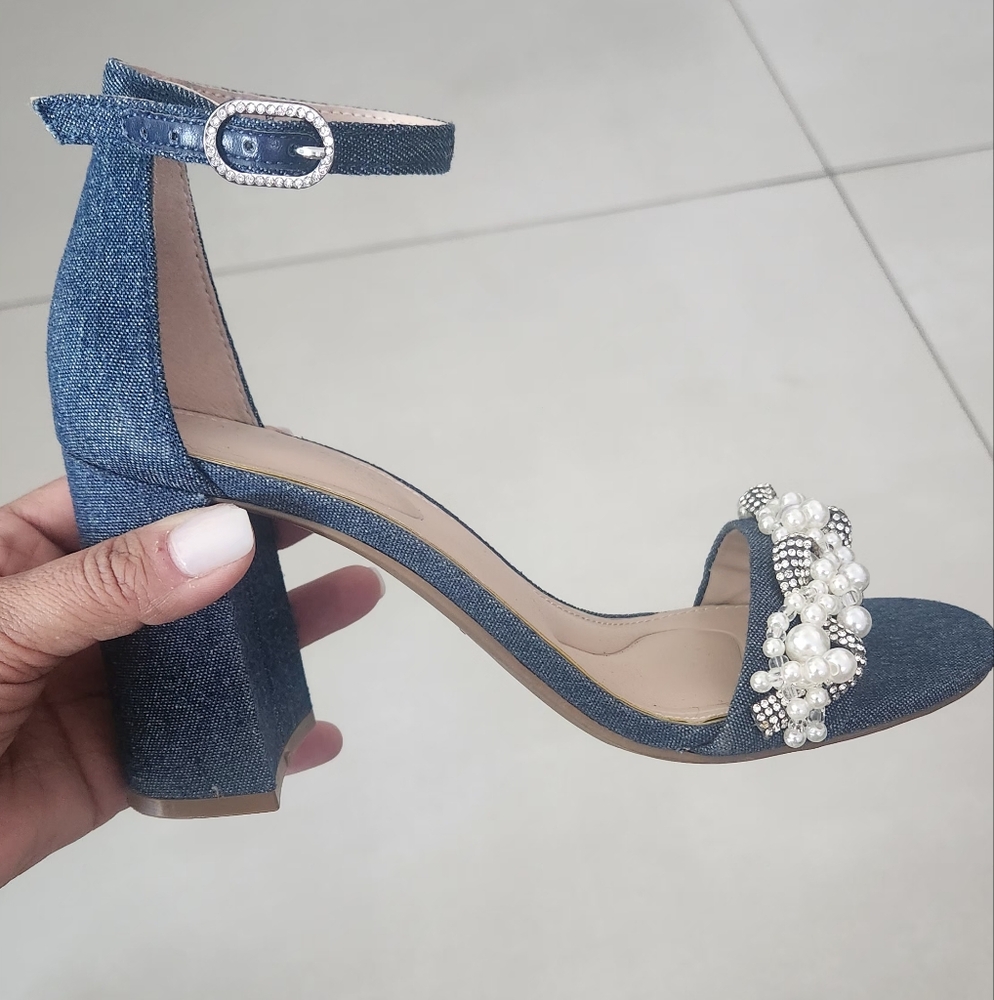 Kelly & Katie Blue and White Heeled Sandals with Crystal Embellishments
